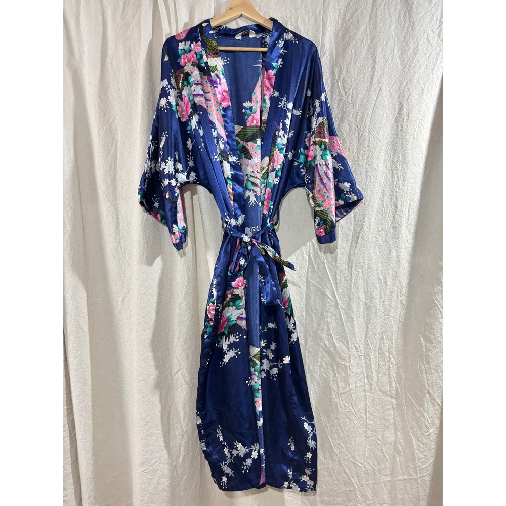 Vintage 90s Mei Ye Si Da Navy Blue Satin Peacock Floral Kimono Robe Large